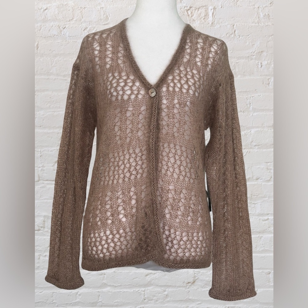 Tahari Mohiar Wool Blend Brown Tan Lightweight Cardigan Sz S M Quiet Luxury NWT